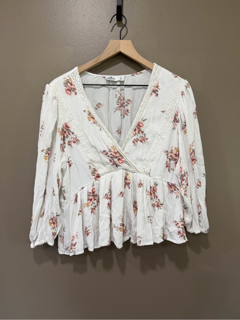 Hollister White Floral Wrap Peplum Top with Pink Accents